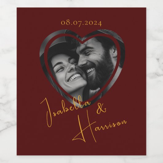 Hartvormige Custom Photo Red en Gold Wijn Etiket (Enkel label)