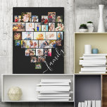 Hartvormige foto collage familie script canvas afdruk<br><div class="desc">Maak je eigen canvas met 29 favoriete foto's. De fototemplate is ingericht om een hartvormige fotocollage te maken, met je foto's in een mix van portret-, landschap- en vierkant formaat voor Instagram. Upload je foto's per rij, van boven naar beneden. Het ontwerp heeft een zwarte achtergrond en het woord "family"...</div>