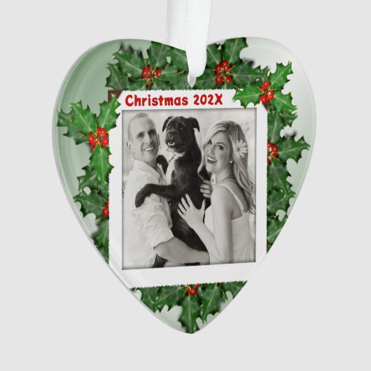 Hartvormige foto Eerste Kerstmis Holly bladeren Ornament (voorkant)