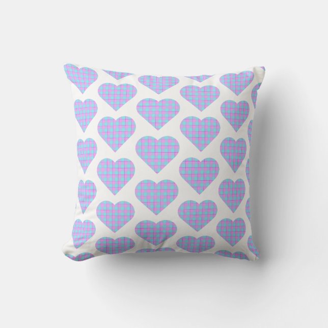 Hartvormige geruite roze blauwe pastel kussen (Voorkant)