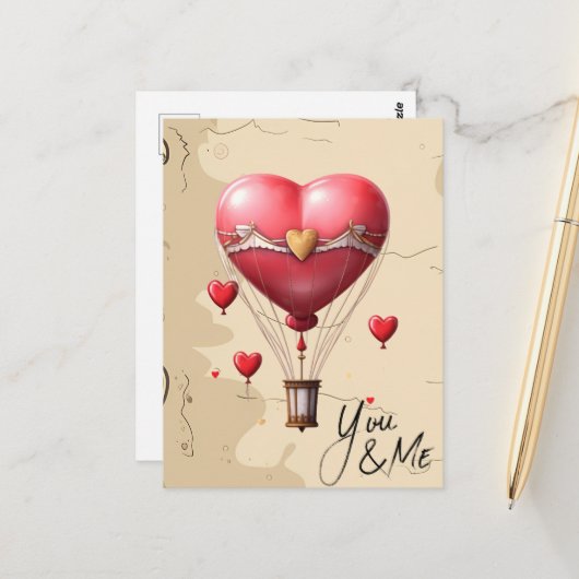 Hartvormige heteluchtballon Romantische Valentijns Briefkaart (Voorkant / Achterkant in situ)