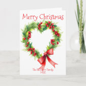 Hartvormige kerstkrans met rode strik feestdagen kaart (Voorkant)