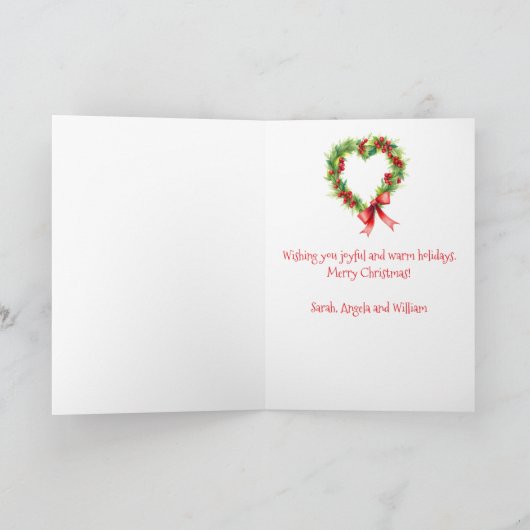 Hartvormige kerstkrans met rode strik feestdagen kaart (Binnen)