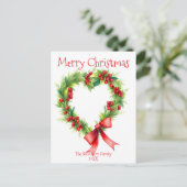 Hartvormige kerstkrans met rode strik feestdagenkaart (Staand voorkant)