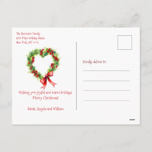 Hartvormige kerstkrans met rode strik feestdagenkaart (Achterkant)