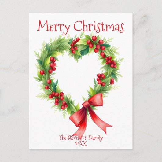 Hartvormige kerstkrans met rode strik feestdagenkaart (Voorkant)