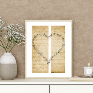 Hartvormige Muzieknoten op bladmuziek Poster