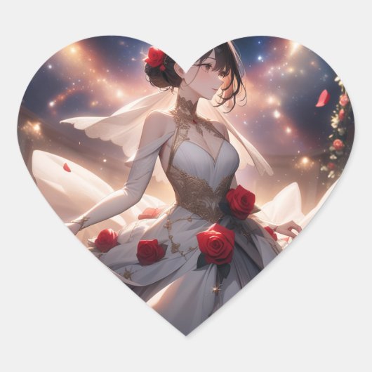 Hartvormige stickers, bruid en rode rozen hart sticker (Voorkant)