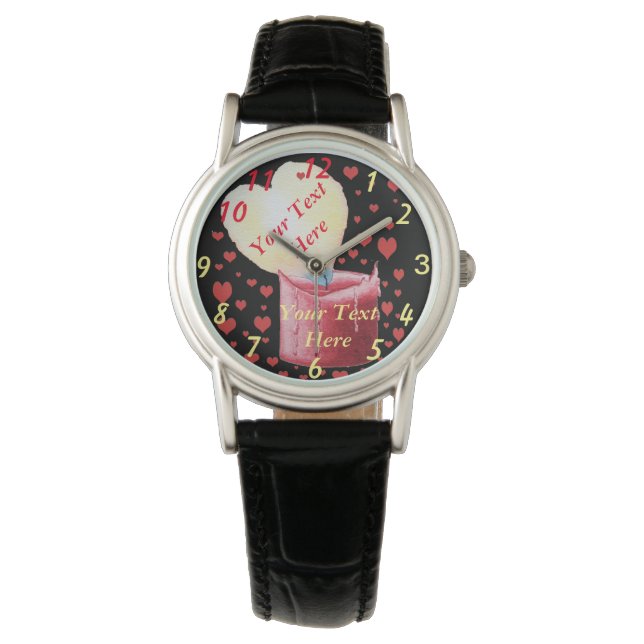 Hartvormige vlam rode kaars met kleine hartjes horloge (Voorkant)