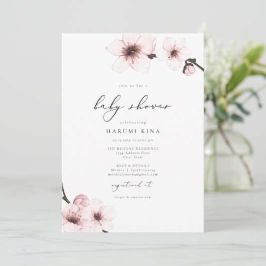 HARUMI Elegant Sakura Cherry Blossom Baby shower Kaart (Staand voorkant)