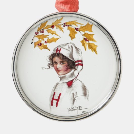 Harvard Coed in Winter met Holly Branch Metalen Ornament (Voorkant)