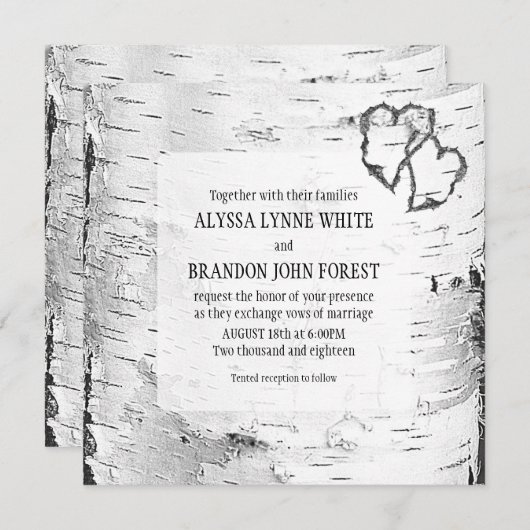 Harved Hearts Birch Tree Bark Wedding Invite Kaart (Voorkant / Achterkant)