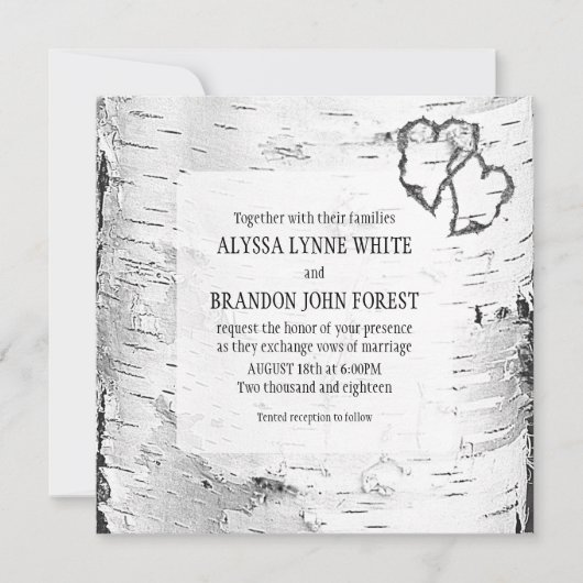 Harved Hearts Birch Tree Bark Wedding Invite Kaart (Voorkant)