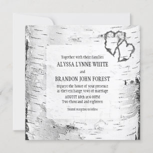 Harved Hearts Birch Tree Bark Wedding Invite Kaart