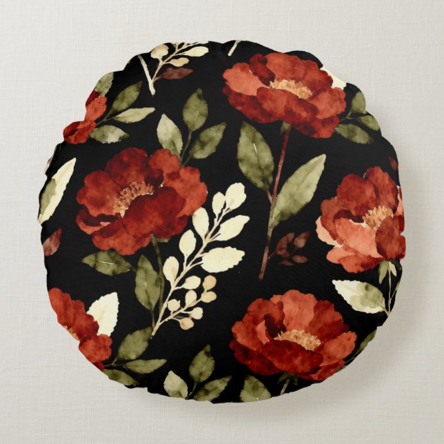 Harvest Ember Pattern | Rust Red & Olive Floral  Rond Kussen (Voorkant)
