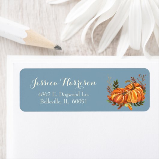 Harvest Fall Pumpkins Leaves Blue Etiket (Insitu)