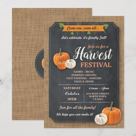 Harvest Festival Pumpkin Rustic Chalk Invite Kaart (Voorkant / Achterkant)