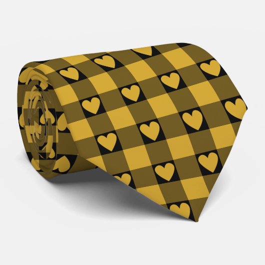 Harvest Gold Black Buffalo Heart Plaid Neck Tie Stropdas (Opgerold)