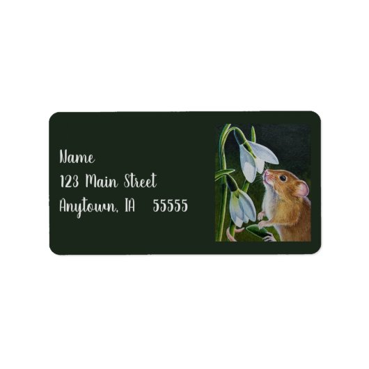 Harvest Mouse Smelling Snowdrops Waterverf Art Etiket (Voorkant)