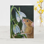 Harvest Mouse Smelling Snowdrops Waterverf Art Kaart (Gele Bloem)