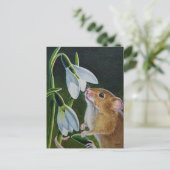 Harvest Mouse Smelling Snowdrops Waterverf Art Po Briefkaart (Staand voorkant)