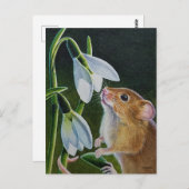Harvest Mouse Smelling Snowdrops Waterverf Art Po Briefkaart (Voorkant / Achterkant)