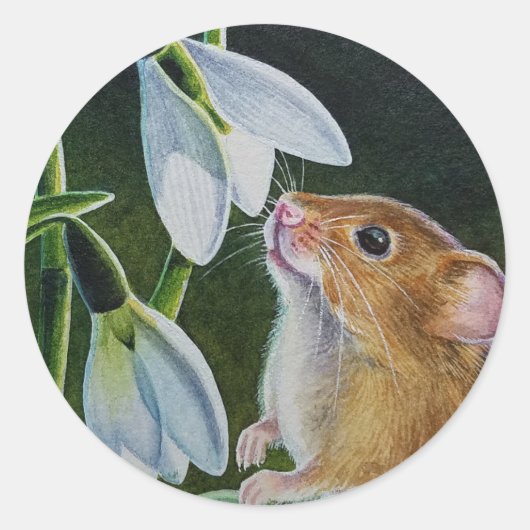 Harvest Mouse Smelling Snowdrops Waterverf Art Ronde Sticker (Voorkant)