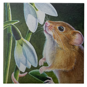 Harvest Mouse Smelling Snowdrops Waterverf Art Tegeltje