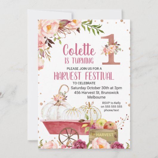 Harvest Pumpkin First Birthday Invitation Kaart (Voorkant)