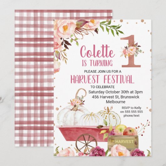 Harvest Pumpkin First Birthday Invitation Kaart (Voorkant / Achterkant)