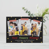Hashtag-Feestdagen, Joy Merry Happy, drie foto Feestdagenkaart (Staand voorkant)