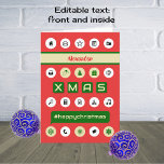 Hashtag kerstmis voeg naam computergebruik rood to feestdagen kaart<br><div class="desc">Deze kerstkaart is geïnspireerd door computer- en smartphoneschermen, met rode, groene en gouden kleuren voor een rijke feestelijke verschijning. Pictogrammen, computerknoppen en symbolen, en het bericht #gelukkykerst en de voorkant. Voeg een naam toe door in de doos te typen, en pas de groet binnen aan (momenteel is dit #MerryKerstmisWithFun in...</div>
