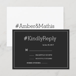 Hashtag moderne elegante zwarte witte trouw-rsvp kaart