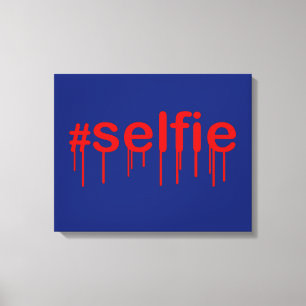 Hashtag Selfie Drooling op blauw decor Canvas Afdruk