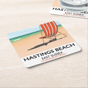 Hastings Beach, East Sussex vintage poster Kartonnen Onderzetters