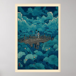 Hasui Kawase Lotusvijverprent, Gebogen Brug Poster