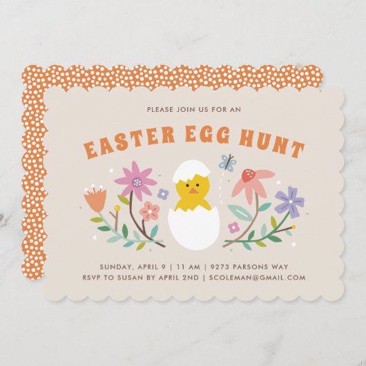 Hatched Floral Easter Egg Hunt Invitation - Beige Kaart (Voorkant / Achterkant)
