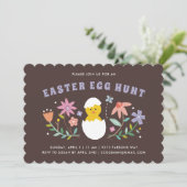 Hatched Floral Easter Egg Hunt Invitation - Brown Kaart (Staand voorkant)
