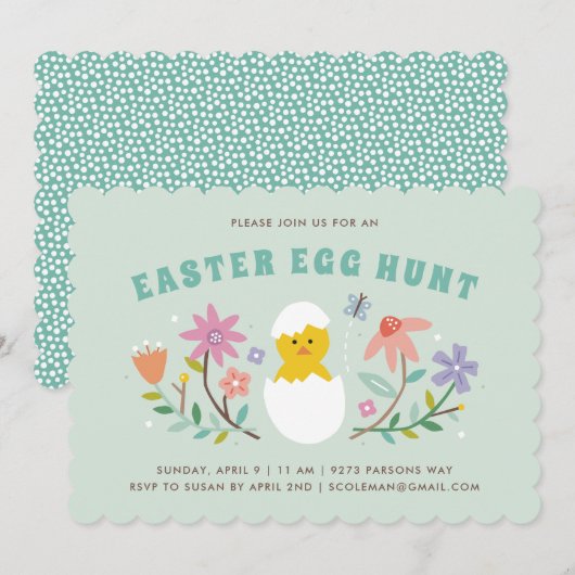 Hatched Floral Easter Egg Hunt Invitation - Mint Kaart (Voorkant / Achterkant)