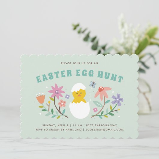 Hatched Floral Easter Egg Hunt Invitation - Mint Kaart (Staand voorkant)