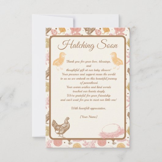 Hatching Binnenkort Kip Baby Meisje Douche Bedankkaart (Voorkant)