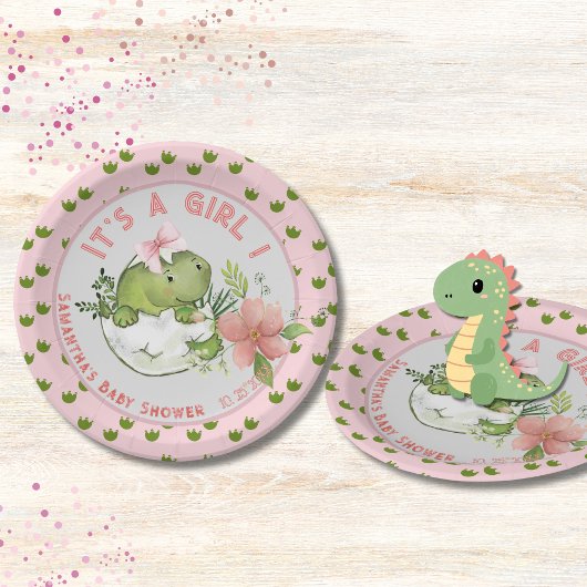 Hatching Dino with Pink Bow Baby Shower Plates Papieren Bordje