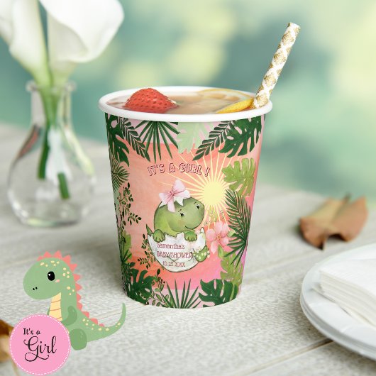 Hatching Dino with Pink Bow 'It's a Girl' Cups Papieren Bekers