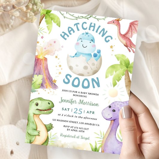 Hatching Soon Boy Dinosaur Baby Shower Kaart