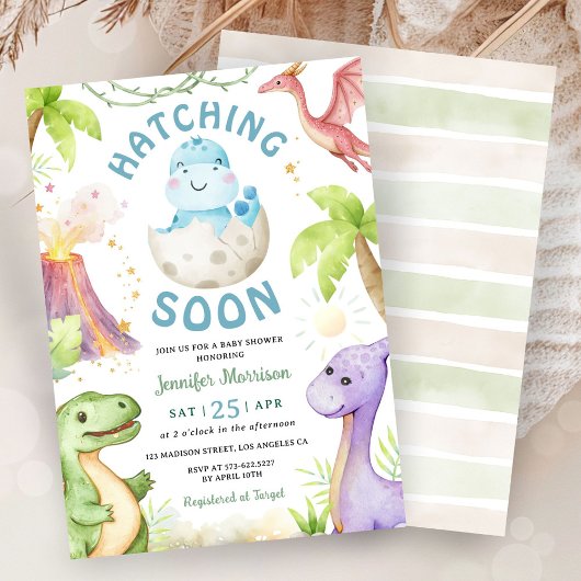 Hatching Soon Boy Dinosaur Baby Shower Kaart