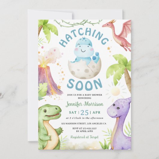 Hatching Soon Boy Dinosaur Baby Shower Kaart (Voorkant)