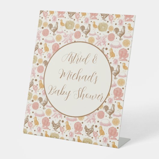 Hatching Soon Chicken Girl Baby shower Reclamebord Met Voetstuk (Voorkant)