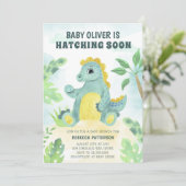 Hatching Soon Cute Boy Dinosaur Baby shower Kaart (Staand voorkant)