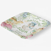 Hatching Soon Dino Boy Dinosaur Baby Shower Papieren Bordje (Gebogen)