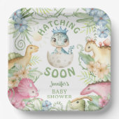 Hatching Soon Dino Boy Dinosaur Baby Shower Papieren Bordje (Voorkant)